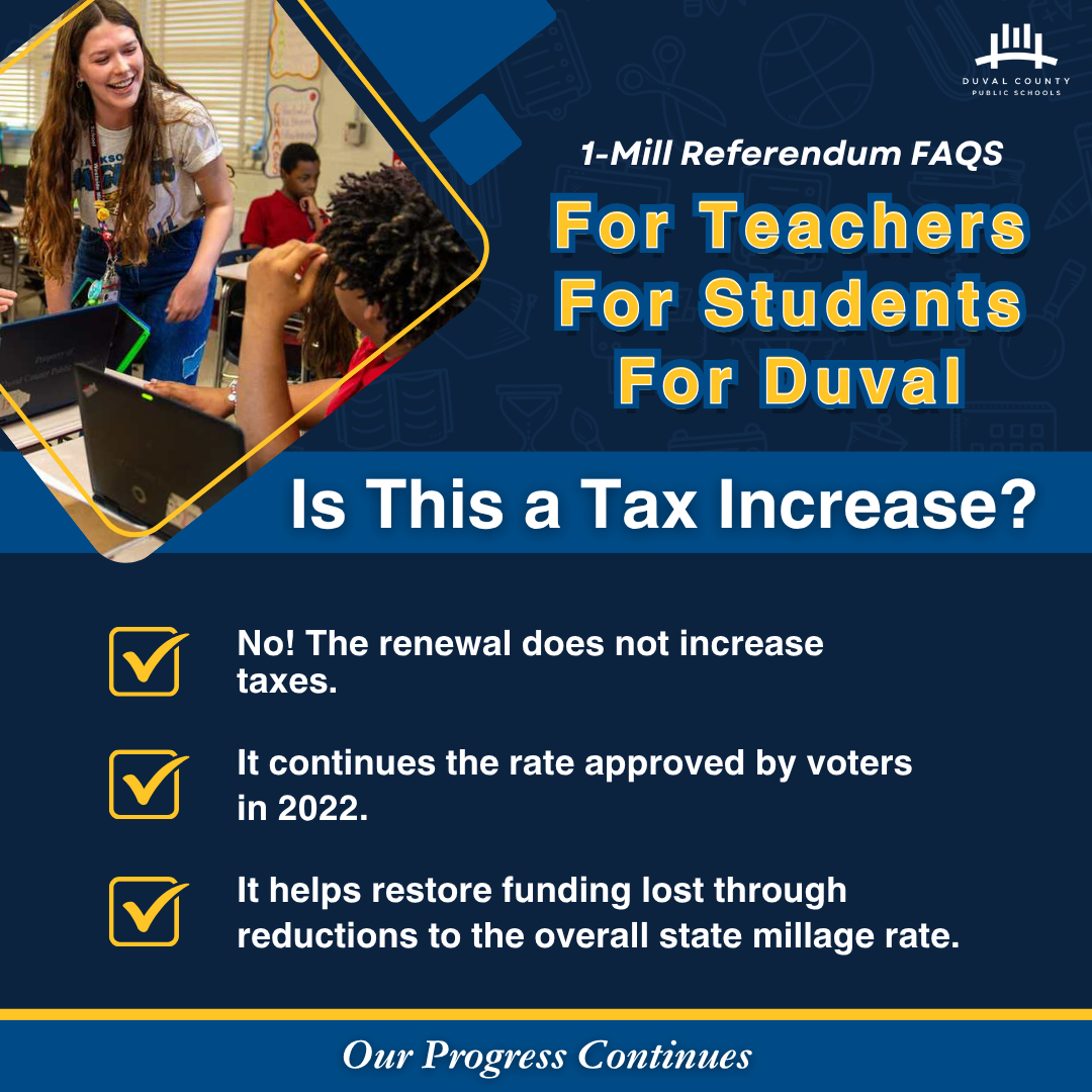 Blue background with white text, showing a graphic of teachers and students. It asks, "Is this a tax increase?"