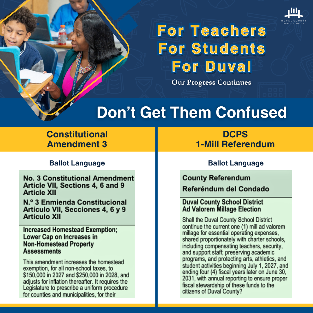 An informational flyer with yellow and black text. It reads "For Teachers, For Students, For Duval".