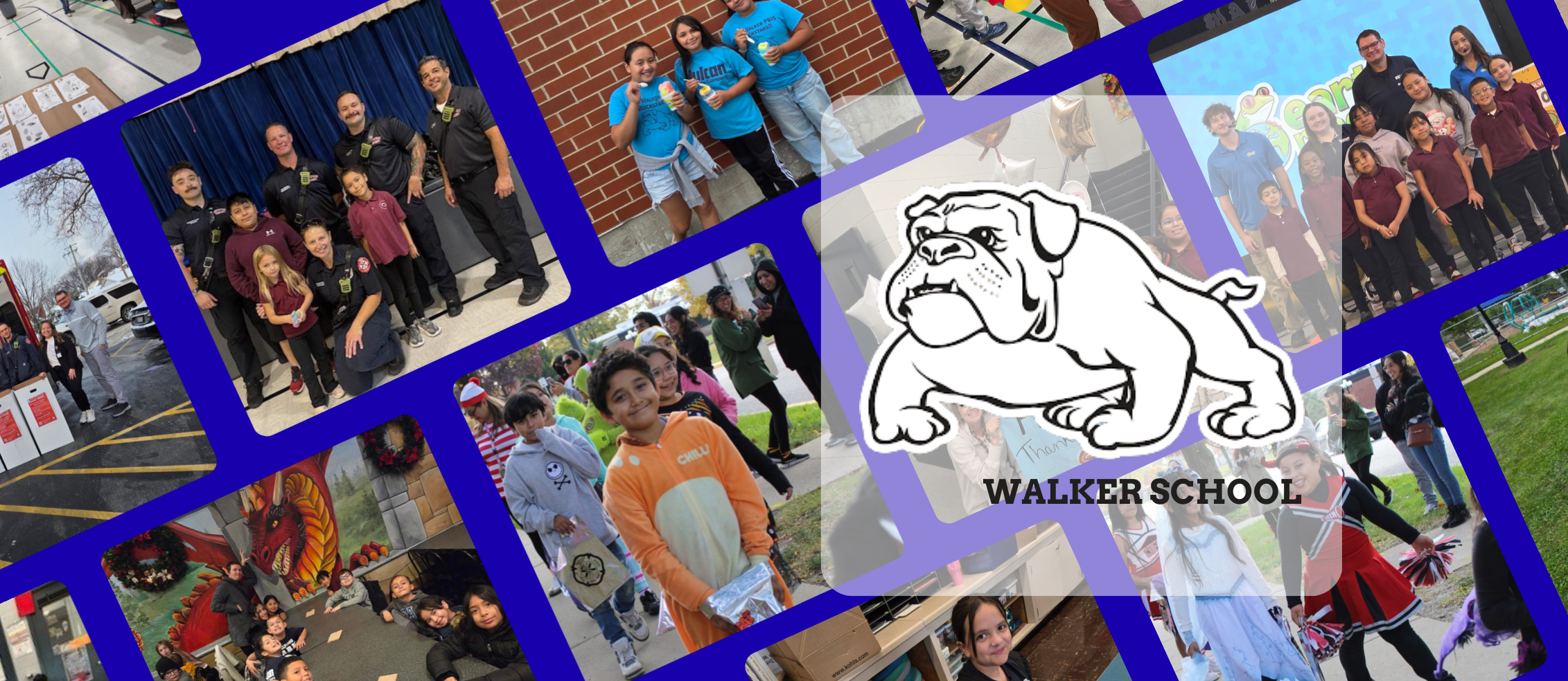 Collage of diverse Walker School activities and events, featuring groups of children and adults outdoors and indoors, with a bulldog logo in the center.