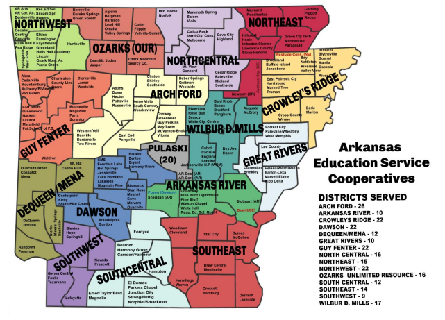 Map of Education Service Cooperatives in Arkansas