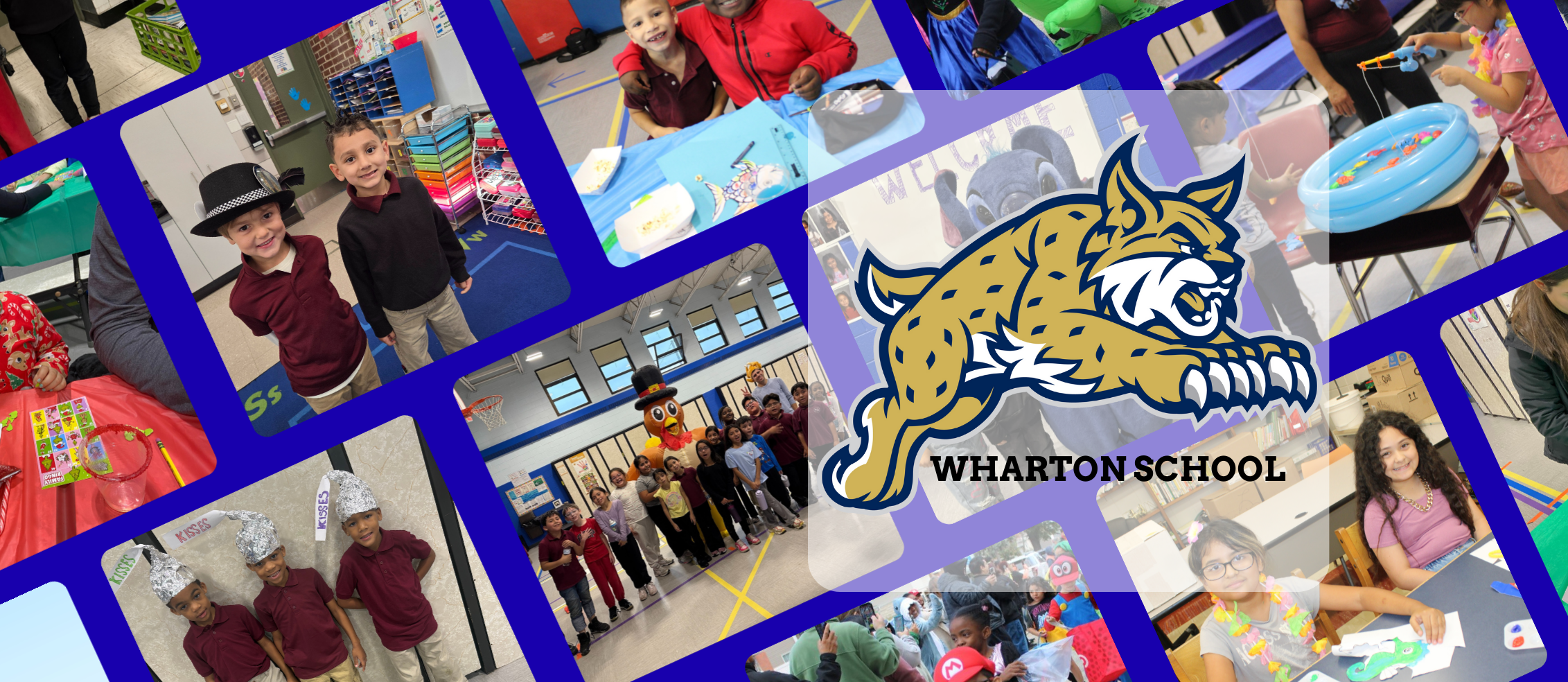 Collage of children engaged in various activities at Wharton School, featuring art, games, and group photos. Center features the Wharton School logo.