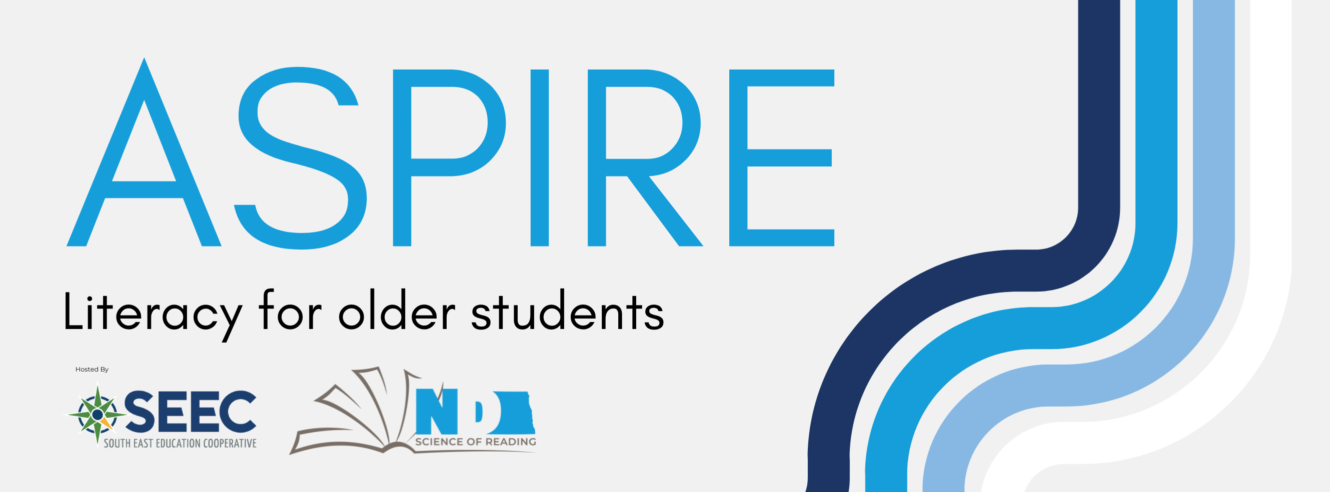 ASPIRE Literacy for older students, north dakota science of reading logo and seec logo