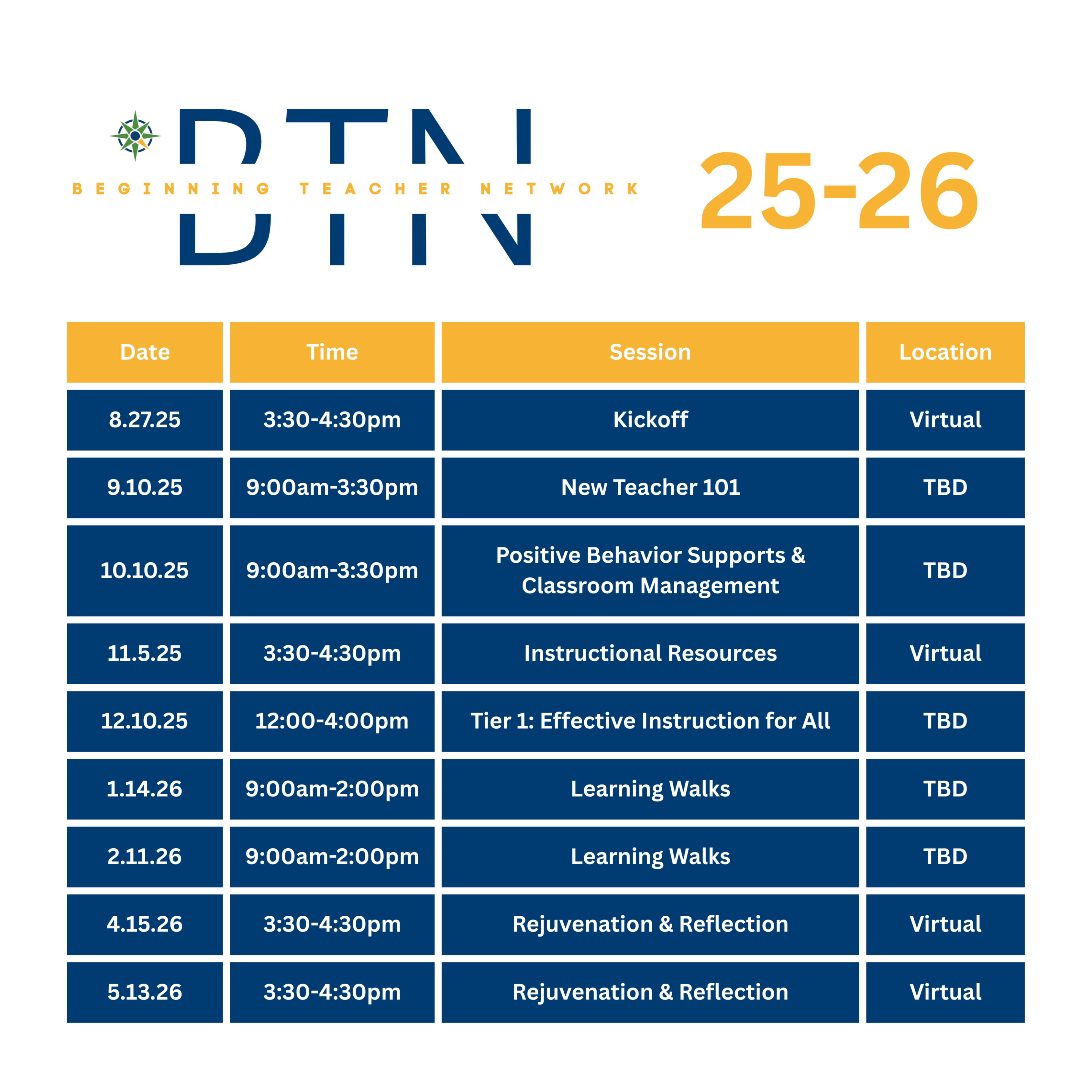 beginning teacher network 25-26 table of dates and times: Date	Time	Session	Location 8.27.25	3:30-4:30pm	Kickoff	Virtual 9.10.25	9:00am-3:30pm	New Teacher 101	TBD 10.10.25	9:00am-3:30pm	Positive Behavior Supports & Classroom Management	TBD 11.5.25	3:30-4:30pm	Instructional Resources	Virtual 12.10.25	12:00-4:00pm	Tier 1: Effective Instruction for All	TBD 1.14.26	9:00am-2:00pm	Learning Walks	TBD 2.11.26	9:00am-2:00pm	Learning Walks	TBD 4.15.26	3:30-4:30pm	Rejuvenation & Reflection	Virtual 5.13.26	3:30-4:30pm	Rejuvenation & Reflection	Virtual