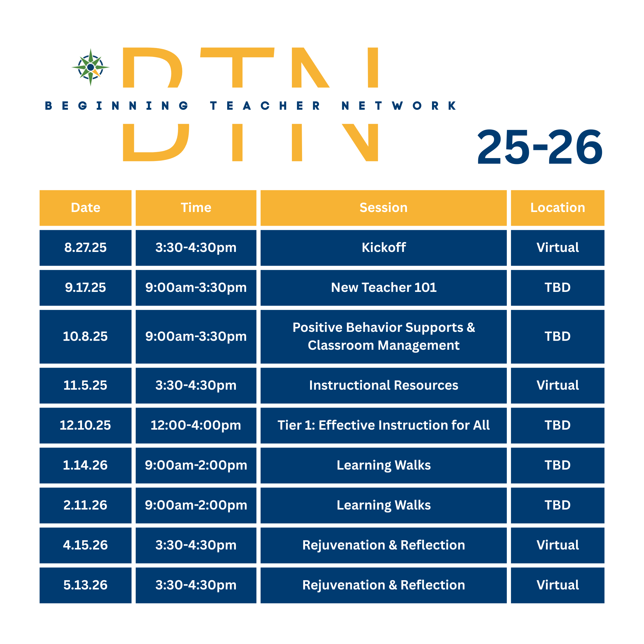 beginning teacher network 25-26 table of dates and times: Date	Time	Session	Location 8.27.25	3:30-4:30pm	Kickoff	Virtual 9.17.25	9:00am-3:30pm	New Teacher 101	TBD 10.8.25	9:00am-3:30pm	Positive Behavior Supports & Classroom Management	TBD 11.5.25	3:30-4:30pm	Instructional Resources	Virtual 12.10.25	12:00-4:00pm	Tier 1: Effective Instruction for All	TBD 1.14.26	9:00am-2:00pm	Learning Walks	TBD 2.11.26	9:00am-2:00pm	Learning Walks	TBD 4.15.26	3:30-4:30pm	Rejuvenation & Reflection	Virtual 5.13.26	3:30-4:30pm	Rejuvenation & Reflection	Virtual