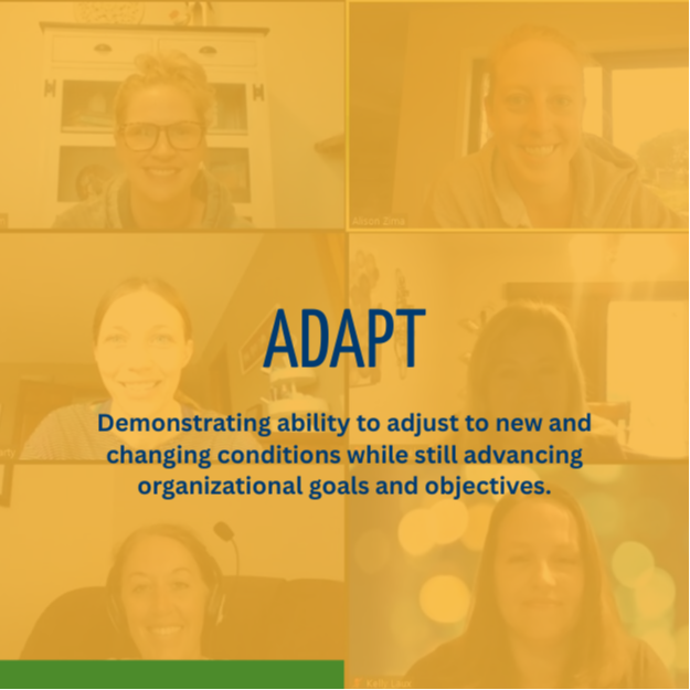 graphic that says Adapt: Demonstrating ability to adjust to new and changing conditions while still advancing organizational goals and objectives.over photo of people on zoom
