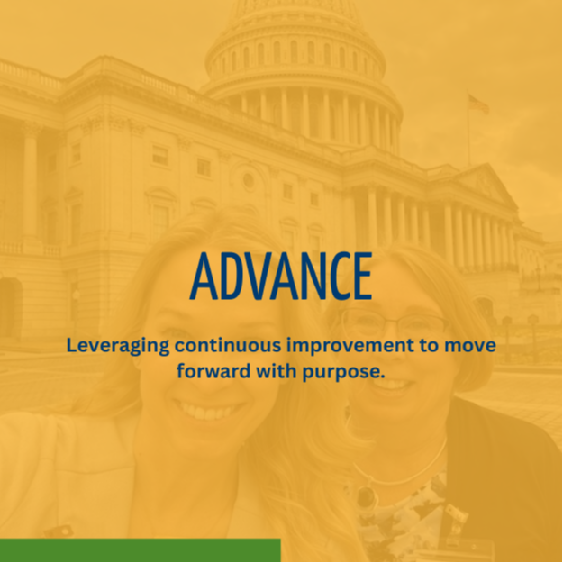 graphic that says advance: leveraging continuous improvement to move forward with progress over photo of people at united states capitol building