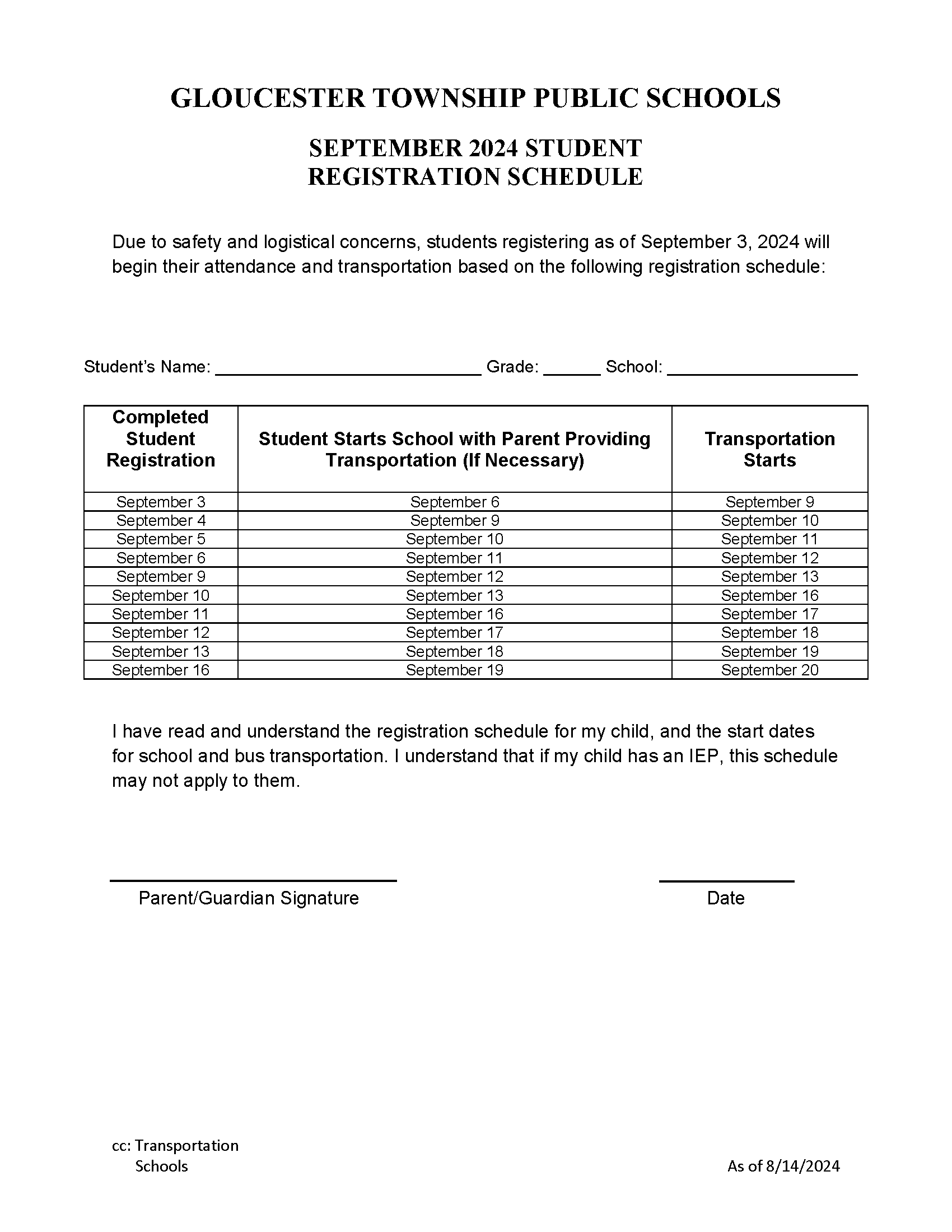 Late Registration Schedule