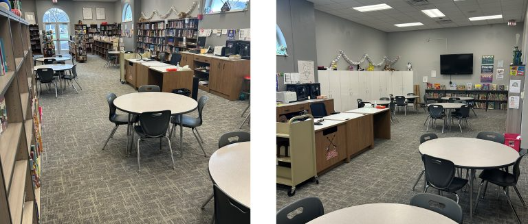 Library with tables and chairs, perfect for studying or reading.