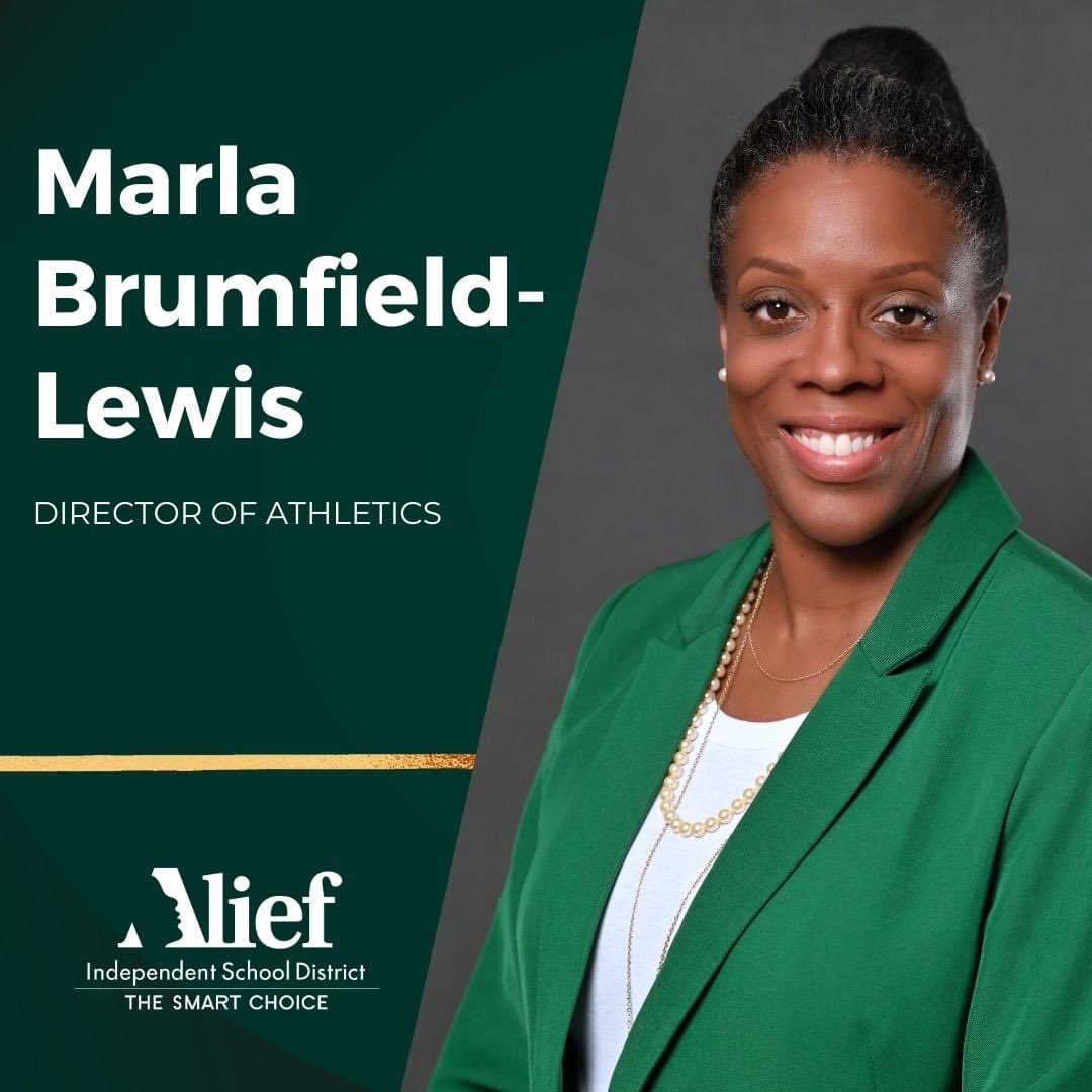 An adult woman in a white shirt and green blazer smiles at the camera. She wears a gold necklace. Text reads "Marla Brumfield-Lewis, Director of Athletics."