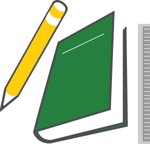 Illustration of a green notebook with a yellow pencil and gray ruler placed diagonally across it.