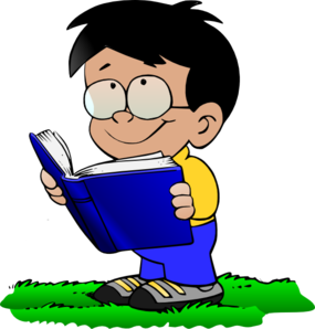 illustration of a little boy reading a blue book