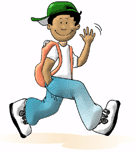 little boy waving in a green hat and an orange back pack
