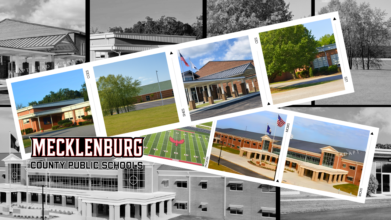 Four photos of school buildings, including a flag on a pole, trees, and a field in a collage.