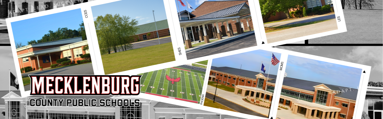 Four photos of school buildings, including a flag on a pole, trees, and a field in a collage.