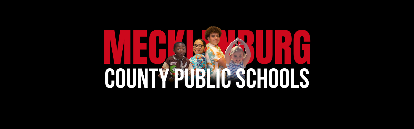 Logo for Mecklenburg County Public Schools features four diverse children with red and white text on a black background.