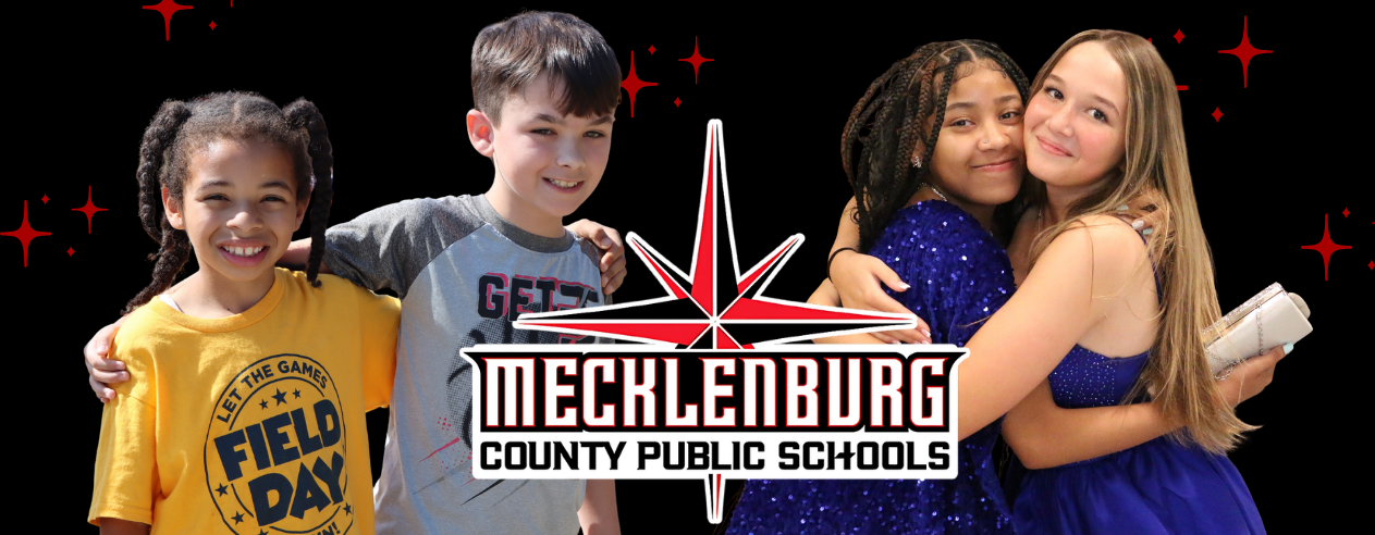 Four children in various attire stand in front of a logo for Mecklenburg County Public Schools.