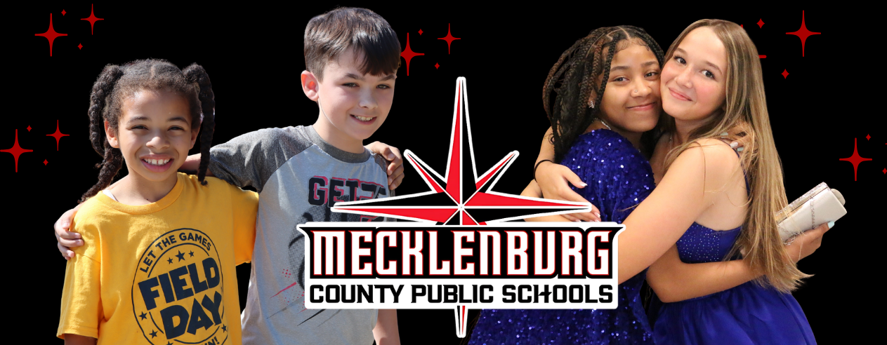 Four children smiling, two girls in blue dresses, one boy in yellow, and one boy in gray, with stars and "Mecklenburg County Public Schools" text.