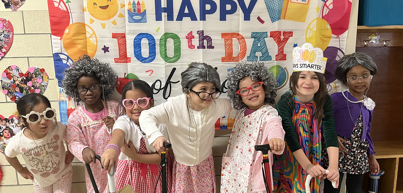 Kindergarten students dressed up as 100 year olds