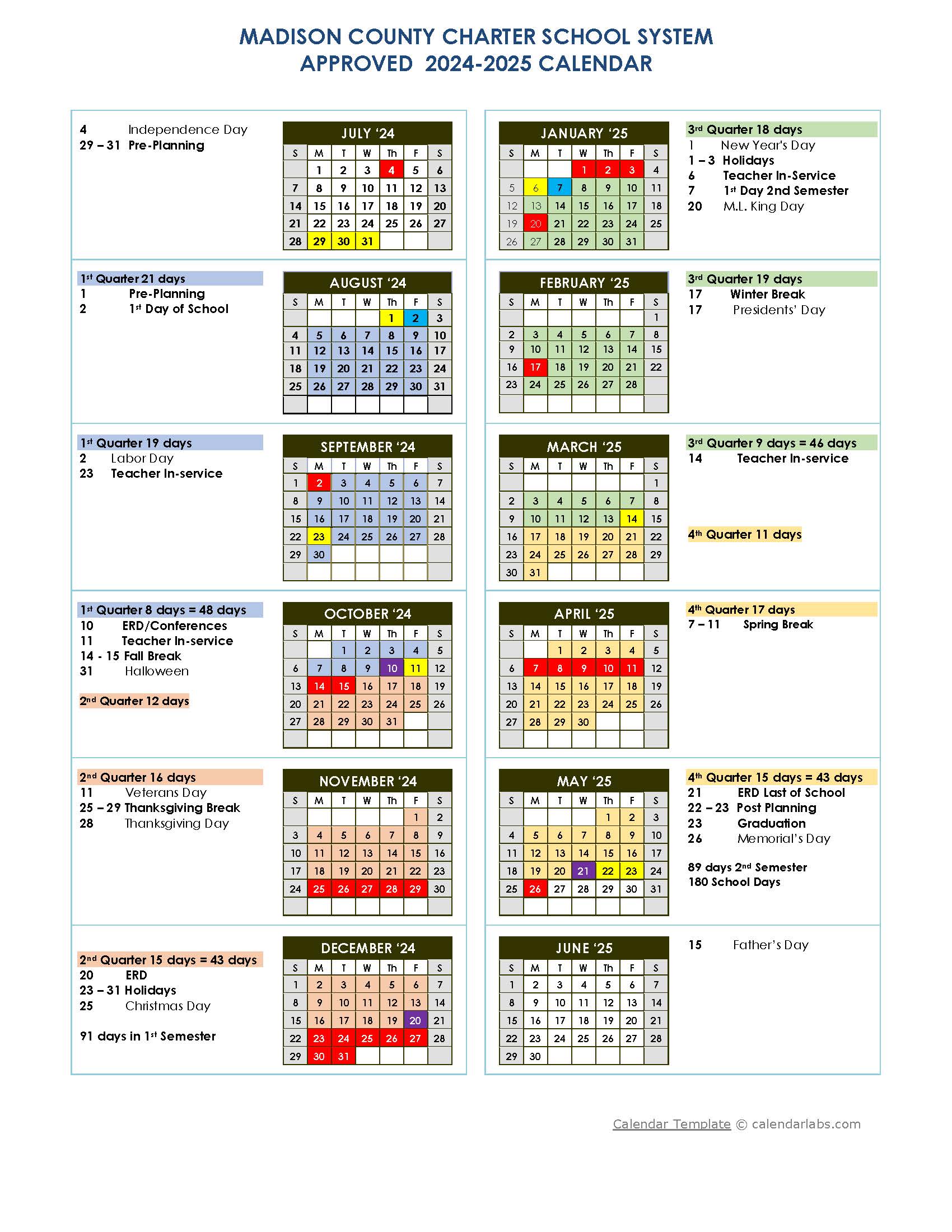 2024-2025 School Calendar | Danielsville Elementary