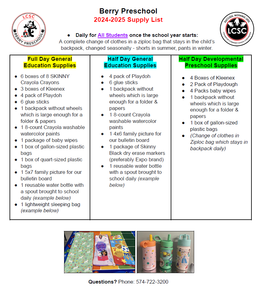 20242025 Preschool School Supply List BERRY PRESCHOOL