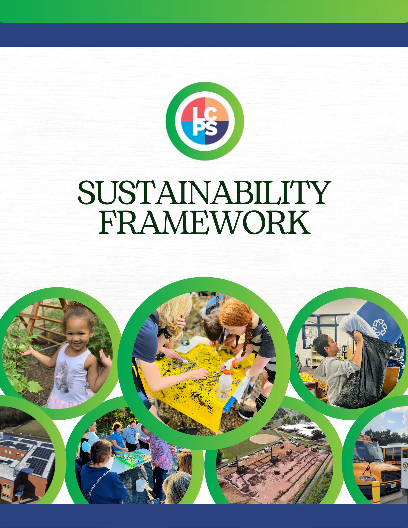 Cover page of the Loudoun County Public Schools (LCPS) Sustainability Framework. The page features the LCPS logo centered near the top above the title “SUSTAINABILITY FRAMEWORK” in large dark green text. A green and blue banner runs across the top and bottom of the page. Below the title, several circular photos outlined in green depict sustainability-related activities, including a child standing in a garden, students participating in an environmental learning activity, a student recycling materials, a school building with rooftop solar panels, community members gathered around an outdoor demonstration, a construction site, and school buses. The design emphasizes environmental stewardship, education, recycling, renewable energy, and sustainable school operations.