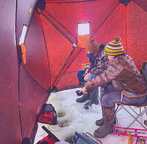 Two individuals sitting inside a tent, enjoying each other's company in the midst of nature's embrace.