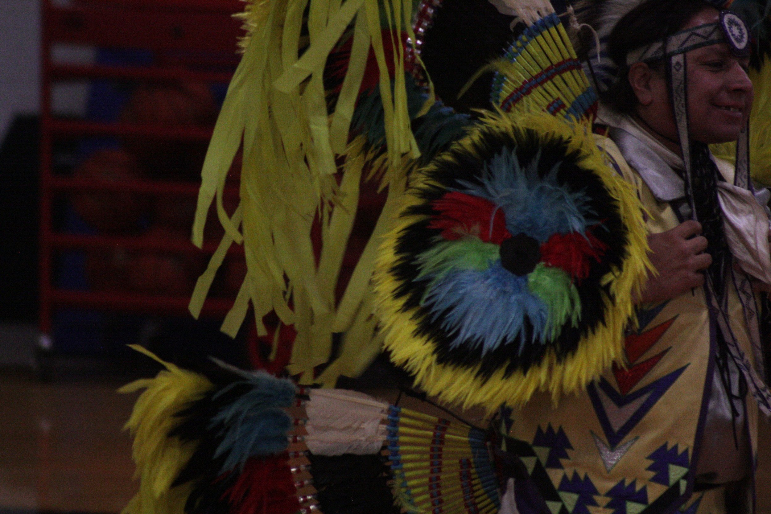 A man in a native american costume holding a stick