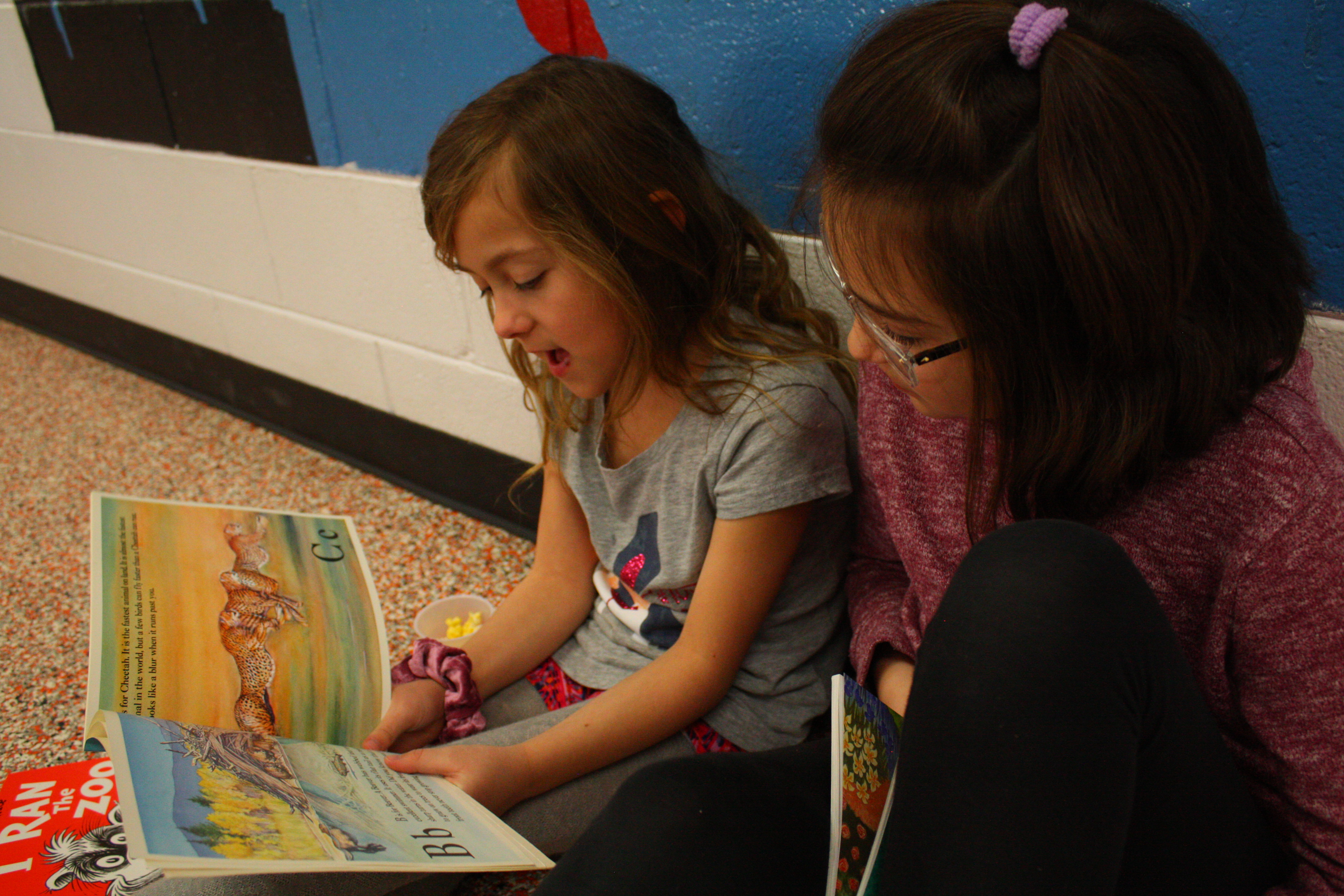 Two girls sitting on the floor, engrossed in books.