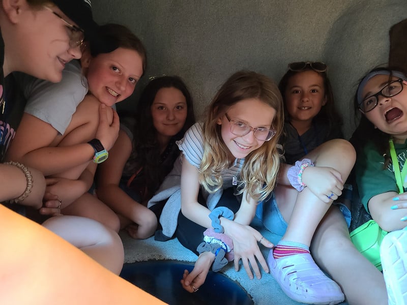 Several girls sitting in a hole, smiling and chatting with each other outdoors.