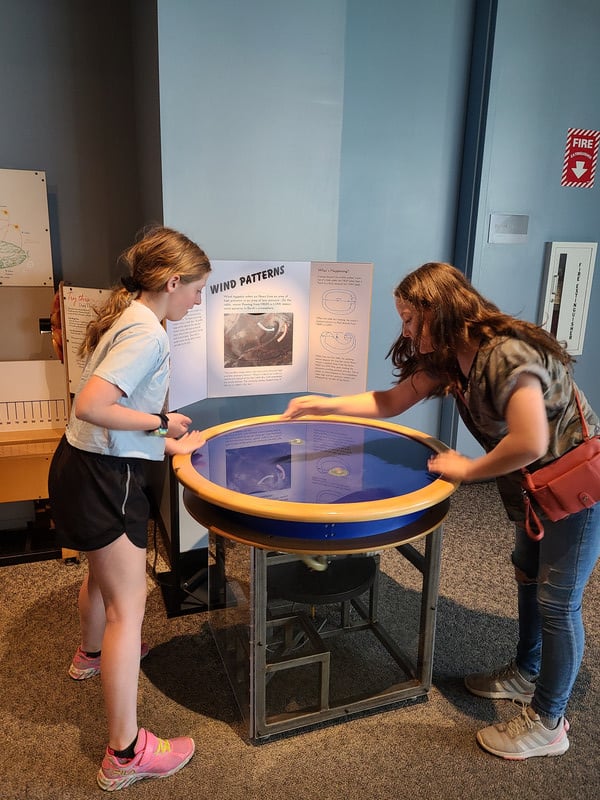 Two girls staring at a table with a fish