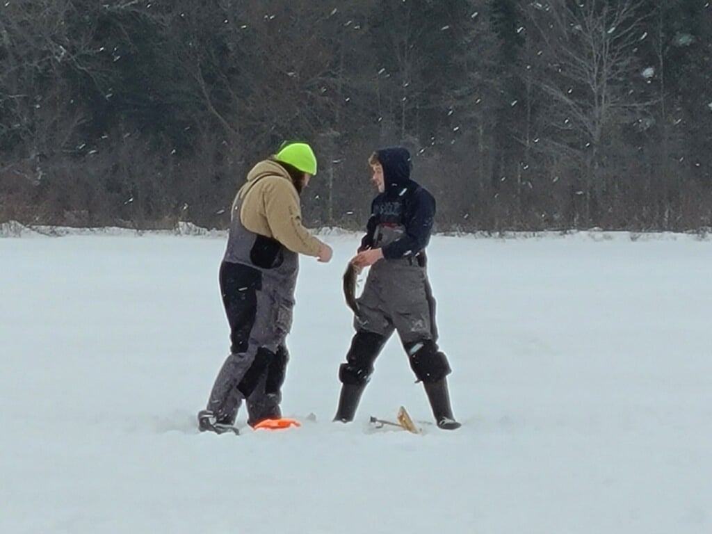 Two skiers standing in snow, holding onto their skis.