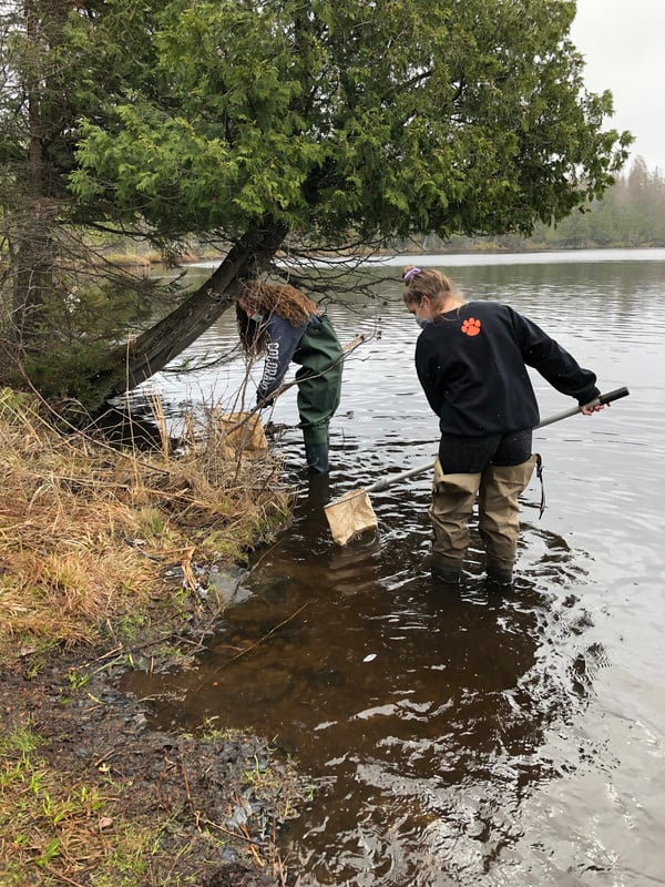 Two girls happily hold nets in the water