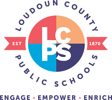 Loudoun County Public Schools circular logo with four colored sections and white “LCPS” letters, surrounded by the school district name, “EST 1870,” and the tagline “Engage • Empower • Enrich