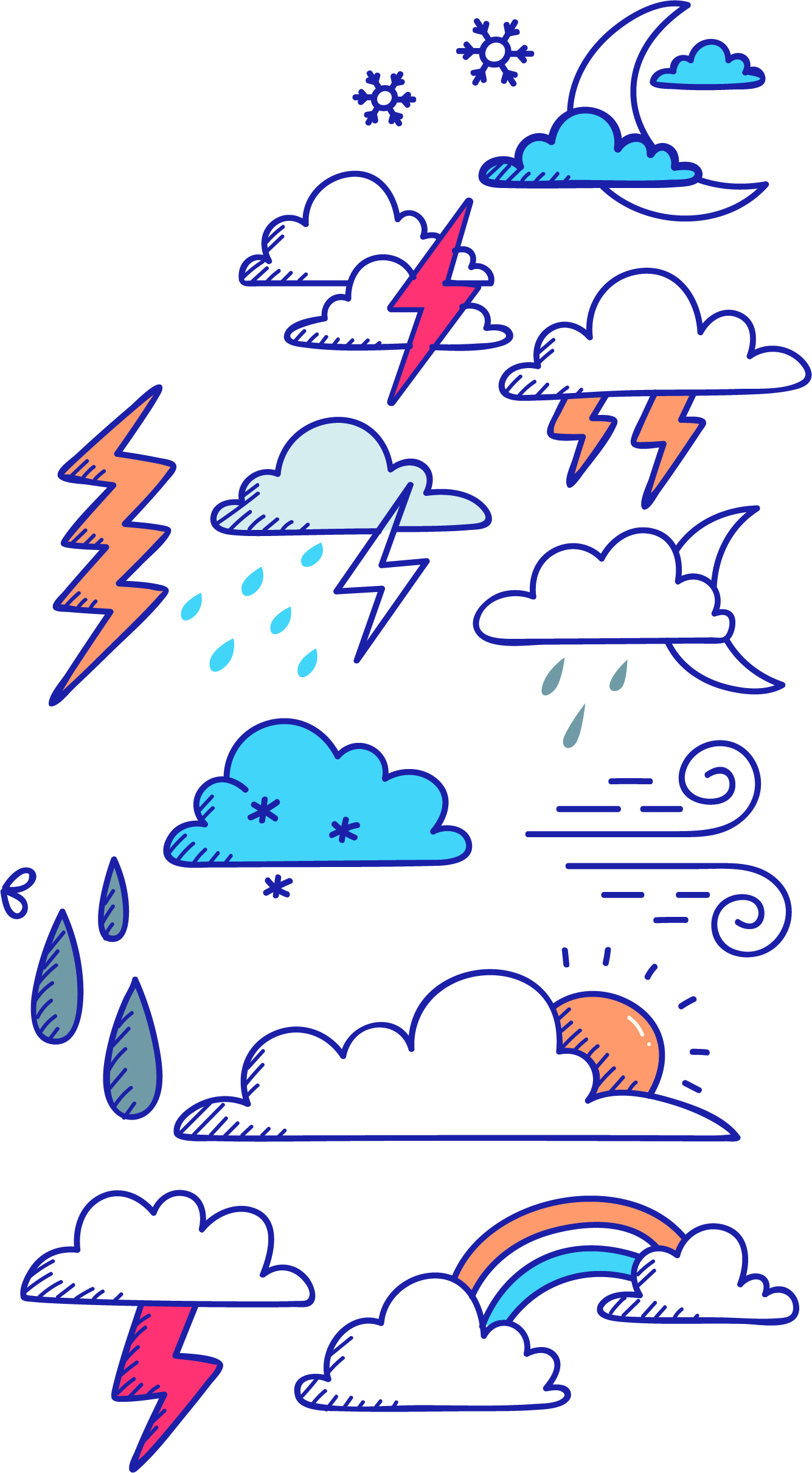 hand drawn doodles representing various weather, including snow, rain, wind, lightening, and clouds. in LCPS brand colors