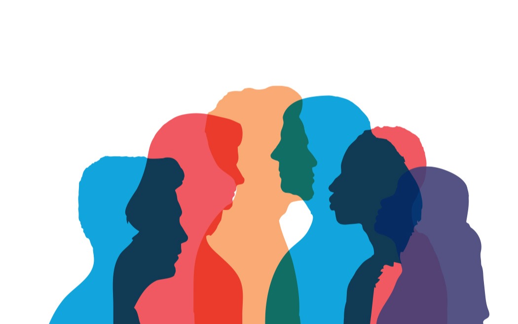 Colorful overlapping silhouettes of diverse human profiles showcasing Community