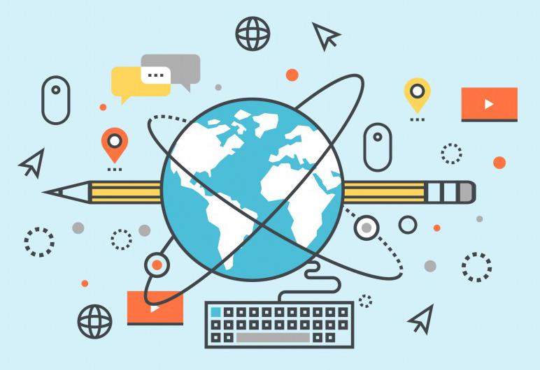 Illustration of a globe surrounded by digital icons, a pencil, and a keyboard, representing global digital learning and communication.