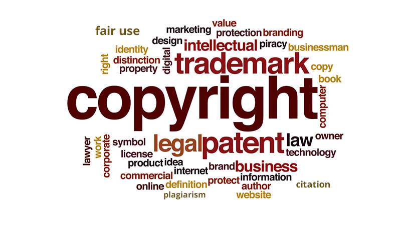 Word cloud featuring terms related to copyright, such as 'trademark,' 'patent,' 'legal,' and 'fair use.