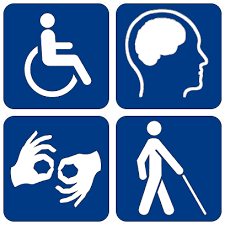 graphic depicting drawing of person sitting  in wheelchair, person using can, hands imitating sign language and profile of  brain in a human