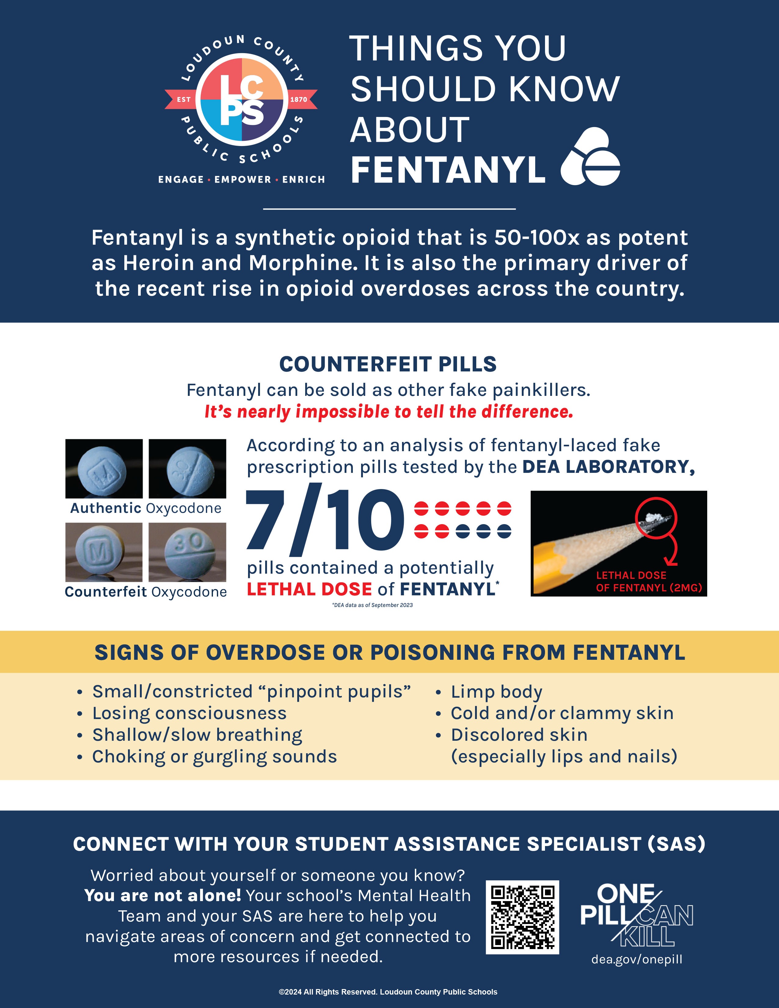 Opioid Awareness Flyer: Discusses the dangers of fentanyl, a synthetic opioid 50-100 times stronger than heroin or morphine, counterfeit pills, and signs of overdose like small pupils, shallow breathing, and cold skin. Click to view or download the full flyer as a PDF.