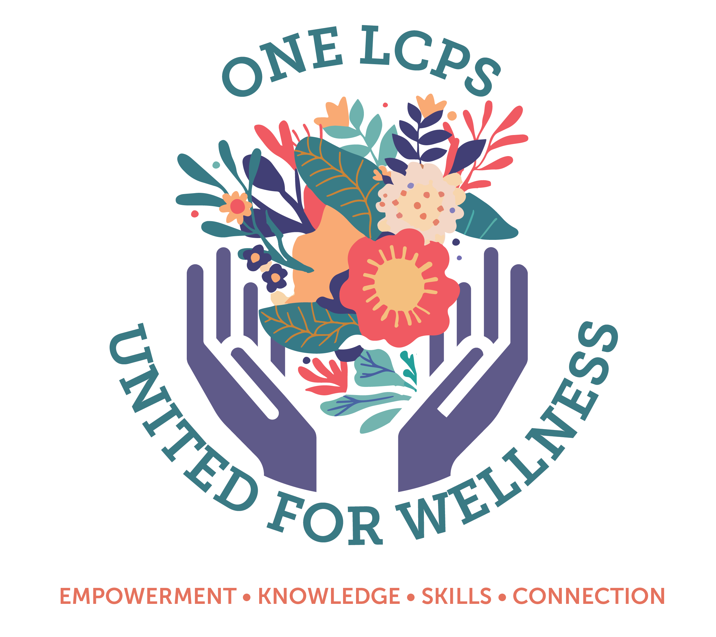 One LCPS United for Wellness logo; graphic of flowers and hands. 