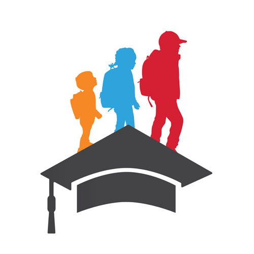 Illustration of three silhouettes of children, colored orange, blue and red, walking on a graduation cap.