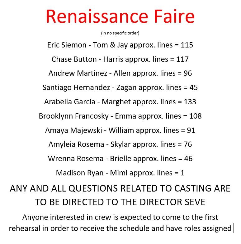 A cast list for the Fall 25 producation of Murder at the Renaissance Faire, please dont make me type the whole thing