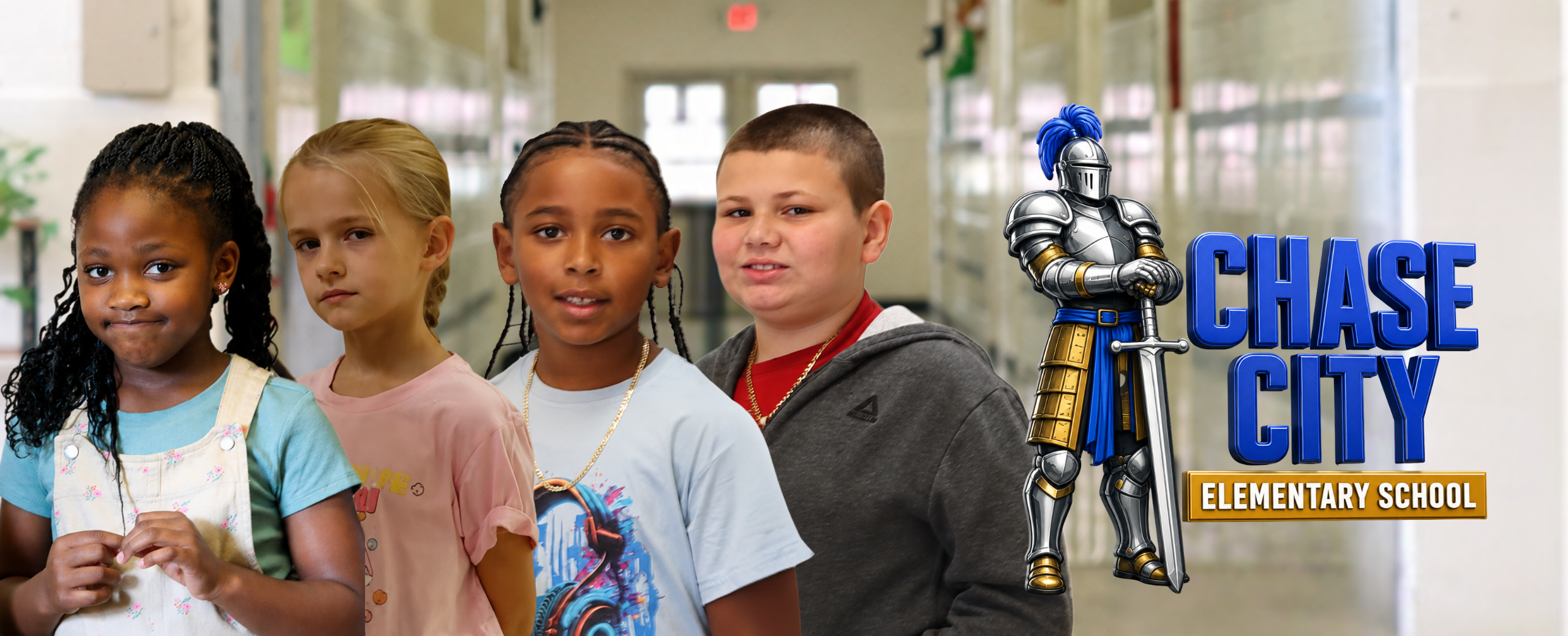 Four children in a hallway, with a knight statue in the background. "Chase City" in bold white letters.