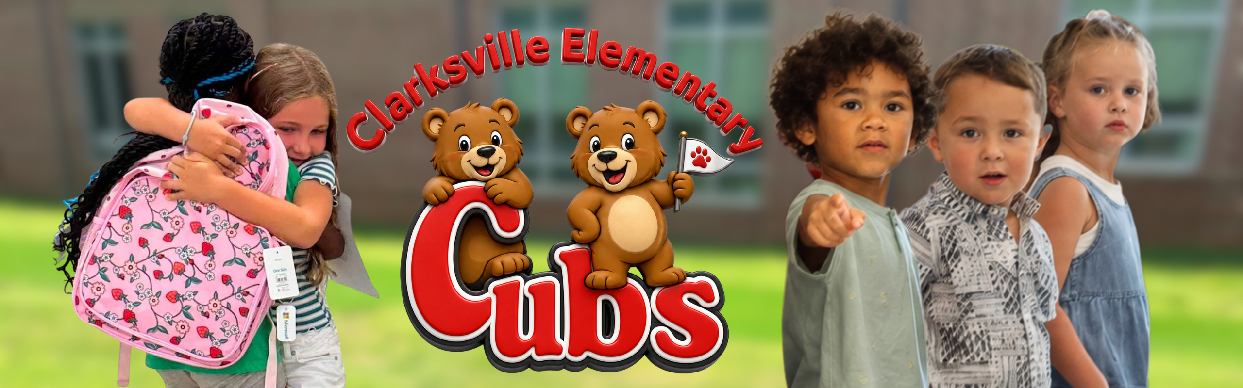 Four children stand in front of a grassy area with a building behind them. The text "Clarksville Elementary Cubs" is above them.