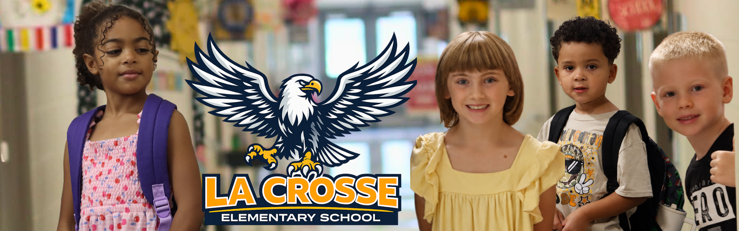 Kids stand in a school hallway, with an eagle logo for La Crosse Elementary School.