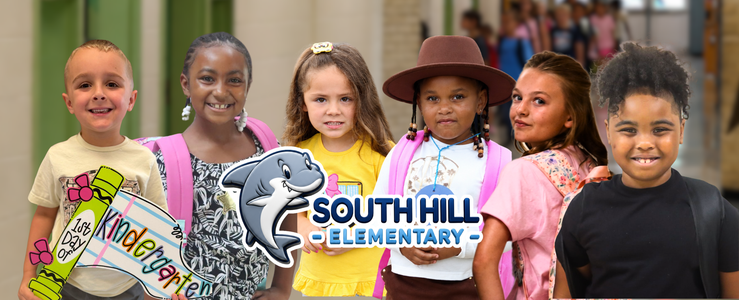 Children pose for a photo with backpacks. Some hold signs. A logo for South Hill Elementary School is in the center.