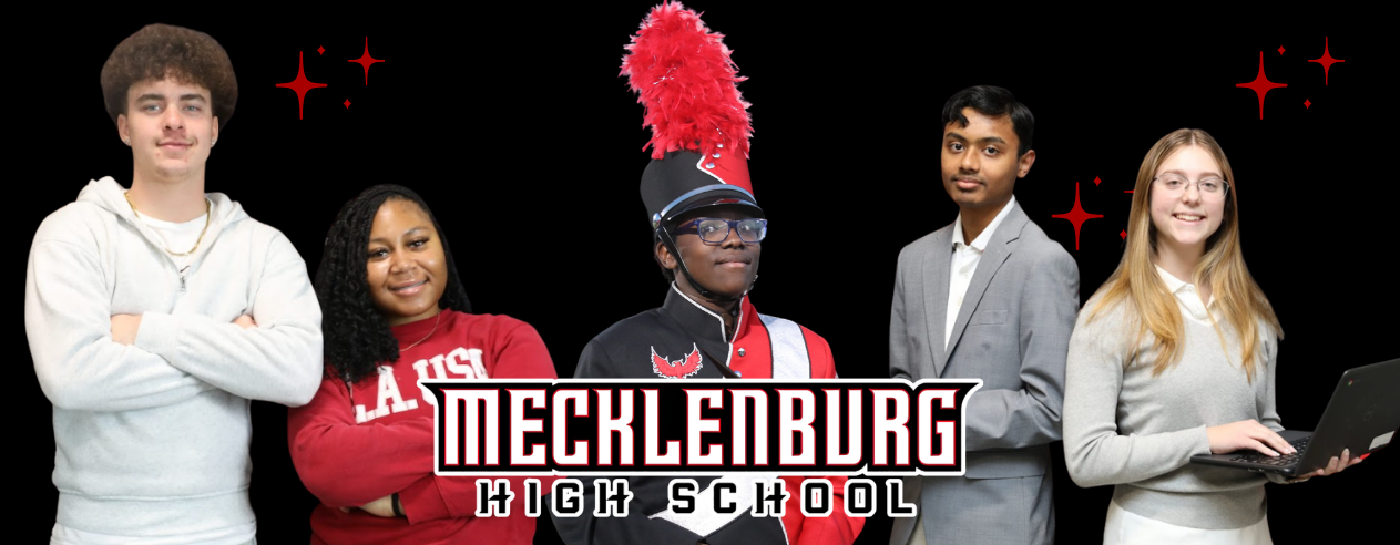 Five students stand against a black background with stars. One holds a laptop, another wears a red uniform with a feather, and the others wear white and gray.