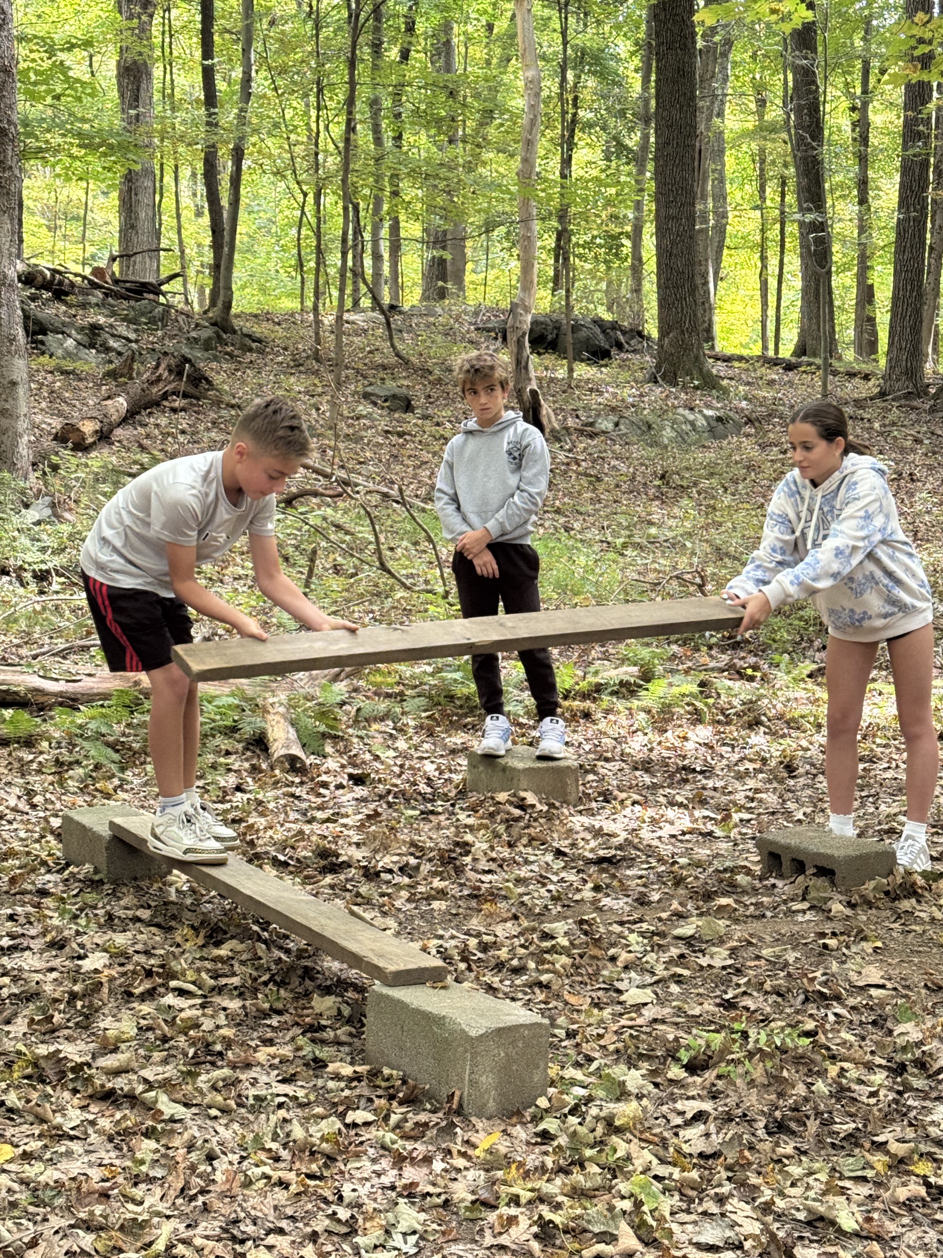 Pictures of students working together in the woods on obstacles