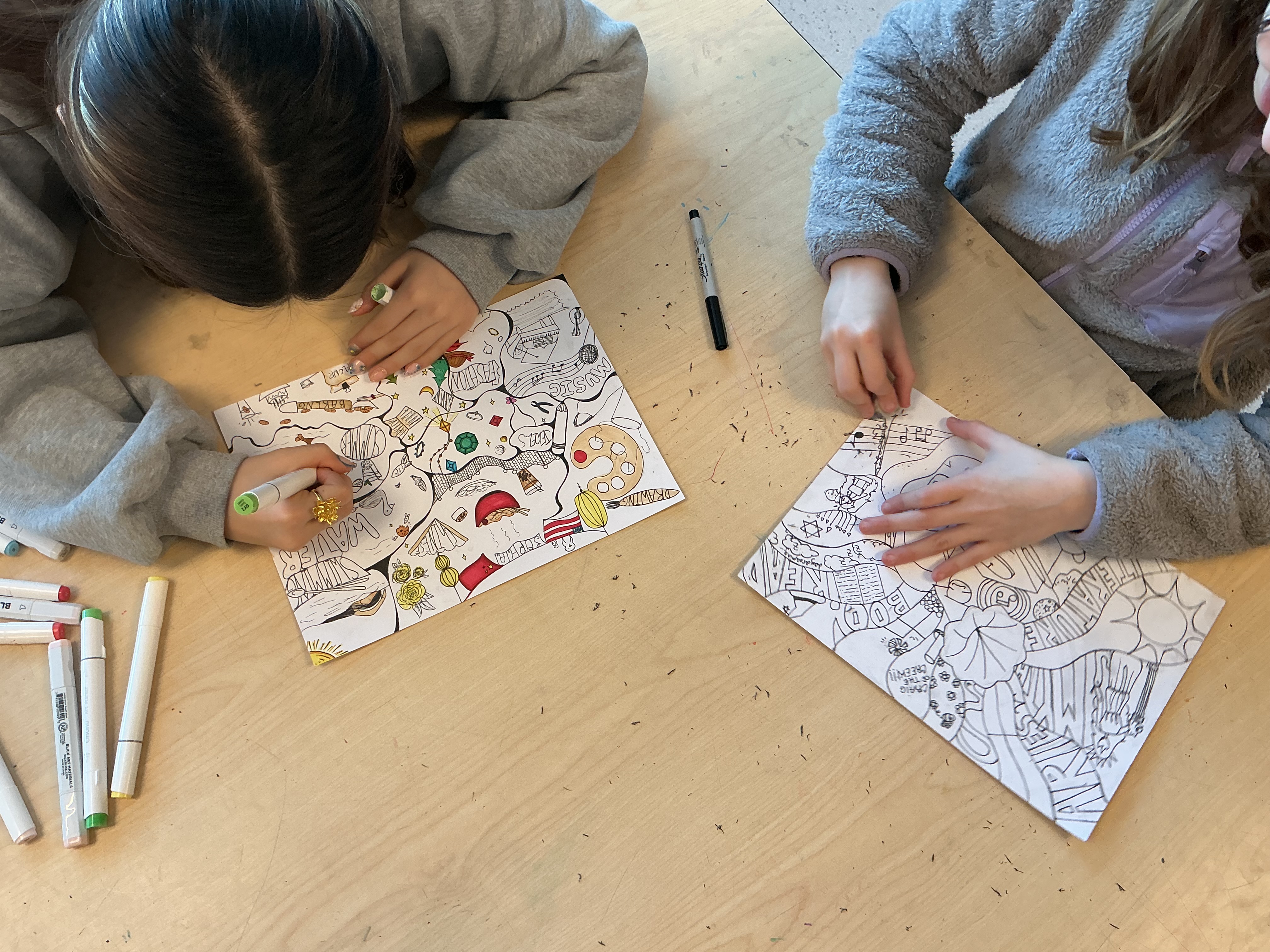 7th grade students are working on their "all about me" illustrated mind map in art class