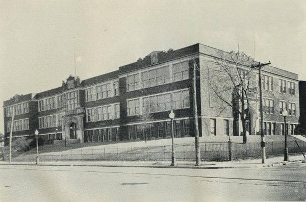 Black and white photo of the school's building.